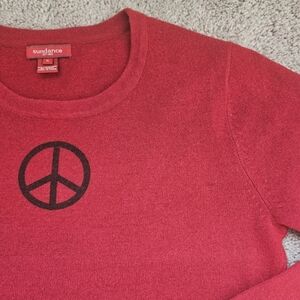 Sundance Red Peace Sign 100% Lambs Wool Long Sleeve Sweater Hippie Boho Womens S